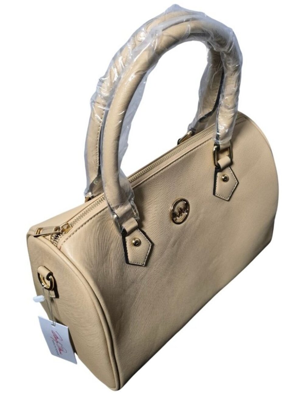 Beige Double Handle Handbag with Detachable Strap & Red Interior